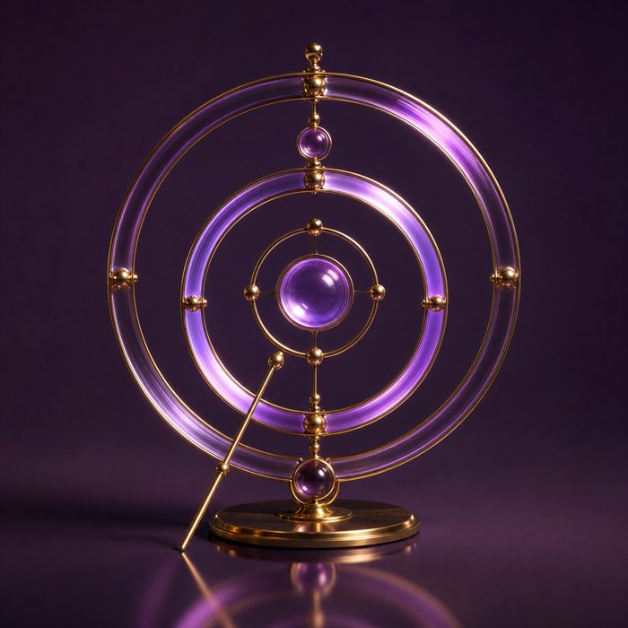 A brass and amethyst armillary sphere, echoing how Subastian orbits your software tools around one center